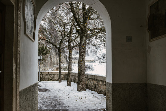 Winter snow of a sanctuary in the mountains