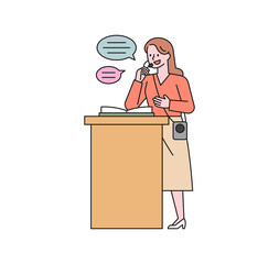 A teacher is explaining with a microphone at the denomination. flat design style minimal vector illustration.