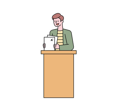 recommend clip art: A teacher is holding a report with grades on it. flat design style minimal vector illustration.