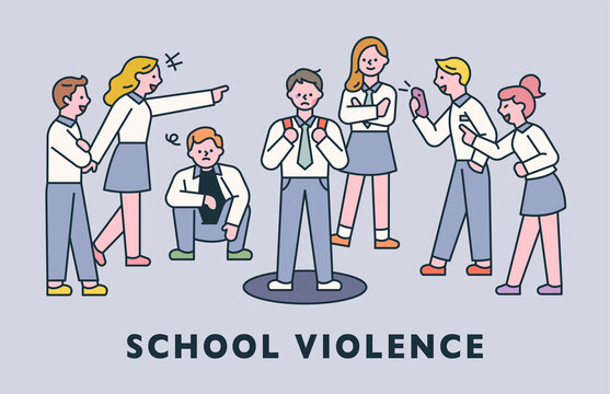 school violence. Bad students are harassing him around a student. flat design style minimal vector illustration.