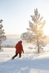 A man in a red jacket walks through the snow to a tree in winter
