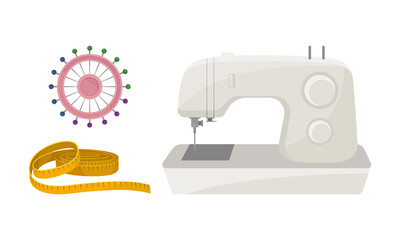 Sewing and Tailoring Accessories with Machine and Measuring Tape Vector Set