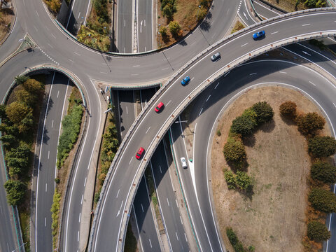 big intersection road from above, aerial view, curve turn