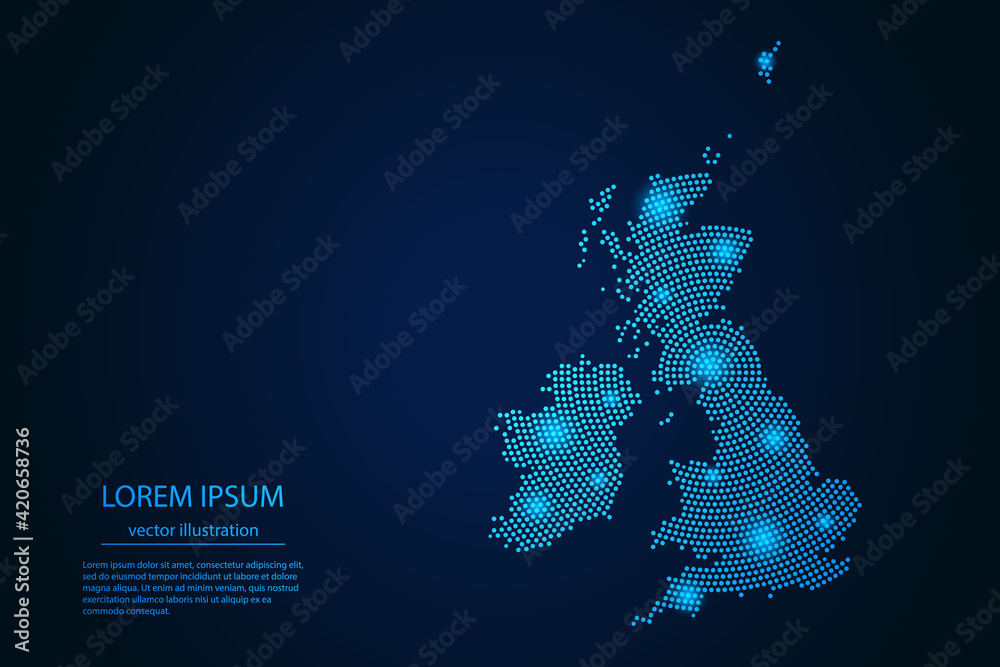 Wall mural abstract image united kingdom map from point blue and glowing stars on a dark background. vector ill