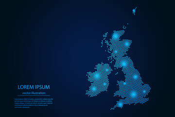 Abstract image United Kingdom map from point blue and glowing stars on a dark background. vector illustration. Vector eps 10.