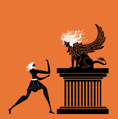 oedipus asking the sphinx riddle greek mythology tale - 420658757