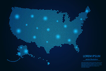 Abstract image United States of America map from point blue and glowing stars on a dark background. vector illustration. © Arif Hama