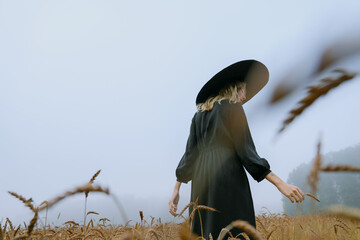 girl in a hat and black dress posing in a wheat field, foggy and mystical atmosphere