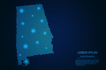 Abstract image Alabama map from point blue and glowing stars on a dark background. vector illustration.