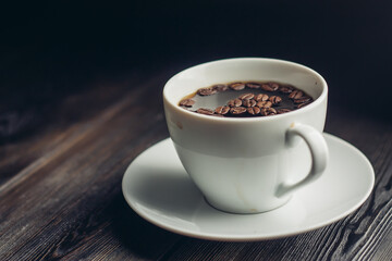 aromatic drink in cups coffee beans wooden table morning breakfast
