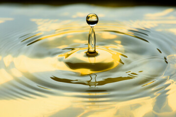 Water drops frozen at high speed in golden pool of water showing surface tension and droplet...