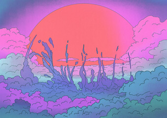 Sun And Clouds Fantasy Landscape Illustration