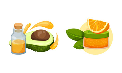 Cosmetic Oil with Orange Fruit and Avocado in Jar with Drops Vector Set
