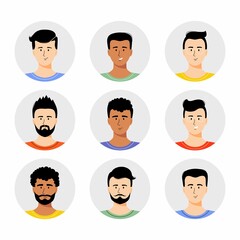 Fototapeta premium Man avatar set vector illustration. Young boys portrait with different hair style isolated on white background. Different nationalities