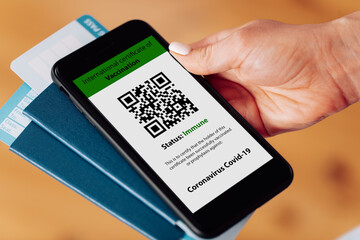 The woman holding the mobile phone a mockup for digital vaccination certificate in one hand and passport, mask and ticket in another one