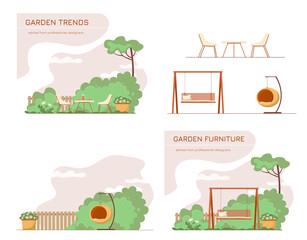 Vector set of garden furniture and decor. Swing, hanging wicker chair, the table. Cozy place for the rest and relax. Banners for magazines and web.