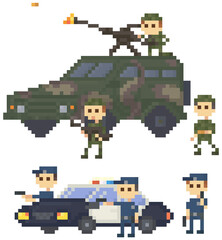 Soldiers and police in uniform near pixelated combat camouflage transport for pixel-game design
