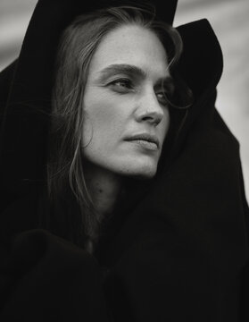 Close up black and white portrait with dramatic expression