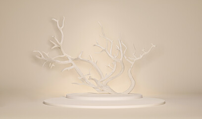 Minimal scene with White dry tree and podium. Trendy 3d render for social media banners, promotion, cosmetic product show. White tree on abstract background artwork for winter season
