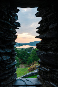 Sunset from castle window looking to Llyn Padarn Lake