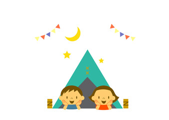 Obraz na płótnie Canvas キャンプの夜テントで寝転びながら星空を見上げる子供たちのカラフルでかわいいイラスト素材
