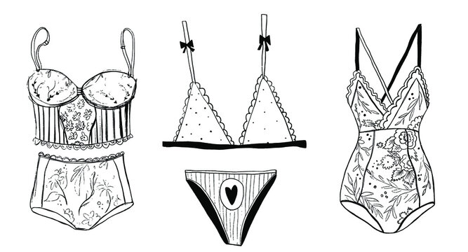 Bodysuit, corset, corsage, combination. Sexy clothes. Lingerie. Beautiful sleepwear. Flat, linear freehand drawing. Scribble. Can be used as a template in design and collage.
