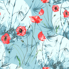 Bamboo watercolor stems and leaves seamless pattern,red poppy flower. painting of bamboo forest on textured paper. Decorative watercolor bamboo, jungle, thickets. silhouette branches, tropics