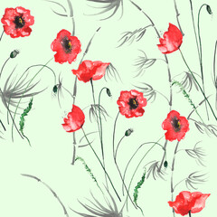 Fototapeta na wymiar Bamboo watercolor stems and leaves seamless pattern,red poppy flower. painting of bamboo forest on textured paper. Decorative watercolor bamboo, flower, jungle, thickets. silhouette branches, tropics