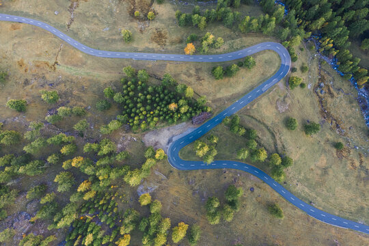 Mountain pass road birds eye view