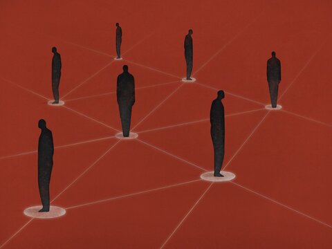 illustration of silhouettes of human figures. people keep their distance. social distancing concept