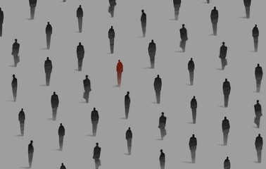 silhouettes of people. people distance themselves from the infected. keeping distance. black and white illustration