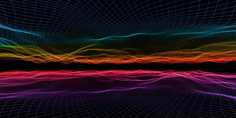 Abstract wave grid Neon color mesh light effect 3d illustration