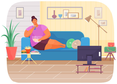 Fat woman is watching movie on television while sitting on her couch and eating snack and fastfood