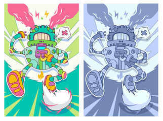 Crazy Cartoon Character. Artificial Intelligence Concept. Flat Vector Illustration. Funny robot concept.