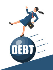 Businesswoman running away from big debt weight