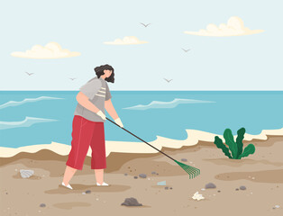 Woman is removing plastic and paper waste with rake on dirty beach and cleaning territory