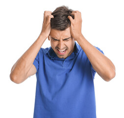 Fototapeta premium Portrait of stressed young man on white background