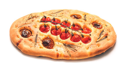 Traditional Italian focaccia on white background