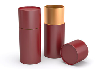 Obraz premium Opened maroon and gold platic or metal or paper tube tin can Mockup. Blank template for branding identity packaging