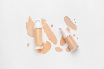 Bottles of makeup foundation and samples on white background