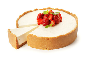Tasty cheesecake with strawberry on white background