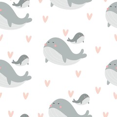 Seamless pattern with cartoon whales, hearts. vector flat style. hand drawing. design for fabric, textile, print, wrapper