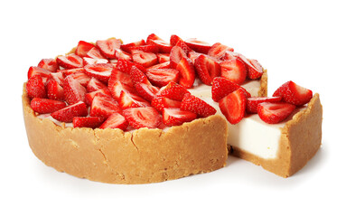 Tasty cheesecake with strawberry on white background