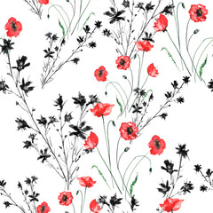 Watercolor vintage pattern. Seamless background with a pattern - flower cornflower, Red poppy, cloves. Beautiful splash of paint, art background for fabric, paper, textiles