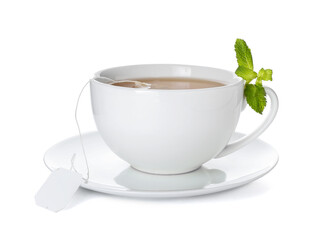 Cup of aromatic tea on white background