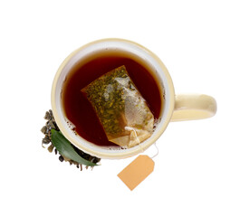Cup of aromatic black tea on white background