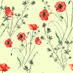 Fototapeta na wymiar Watercolor vintage pattern. Seamless background with a pattern - flower cornflower, Red poppy, cloves. Beautiful splash of paint, art background for fabric, paper, textiles