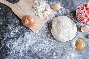 The dough from alternative flour is ready for home baking. Beef and onion are ingredients for homemade meat pies. Belyashi is a national Tatar and Bashkir dish. The view from the top. Copy space.