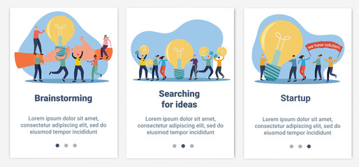 Modern flat illustrations in the form of a slider for web design. A set of UI and UX interfaces for the user interface.The topic is Brainstorming and startup.