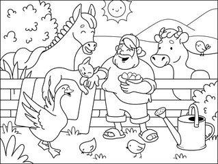 Funny farmer and his animals. A country man with a cow, a horse, a goose, chickens and a cat.  Coloring book for children. Cartoon vector illustration.